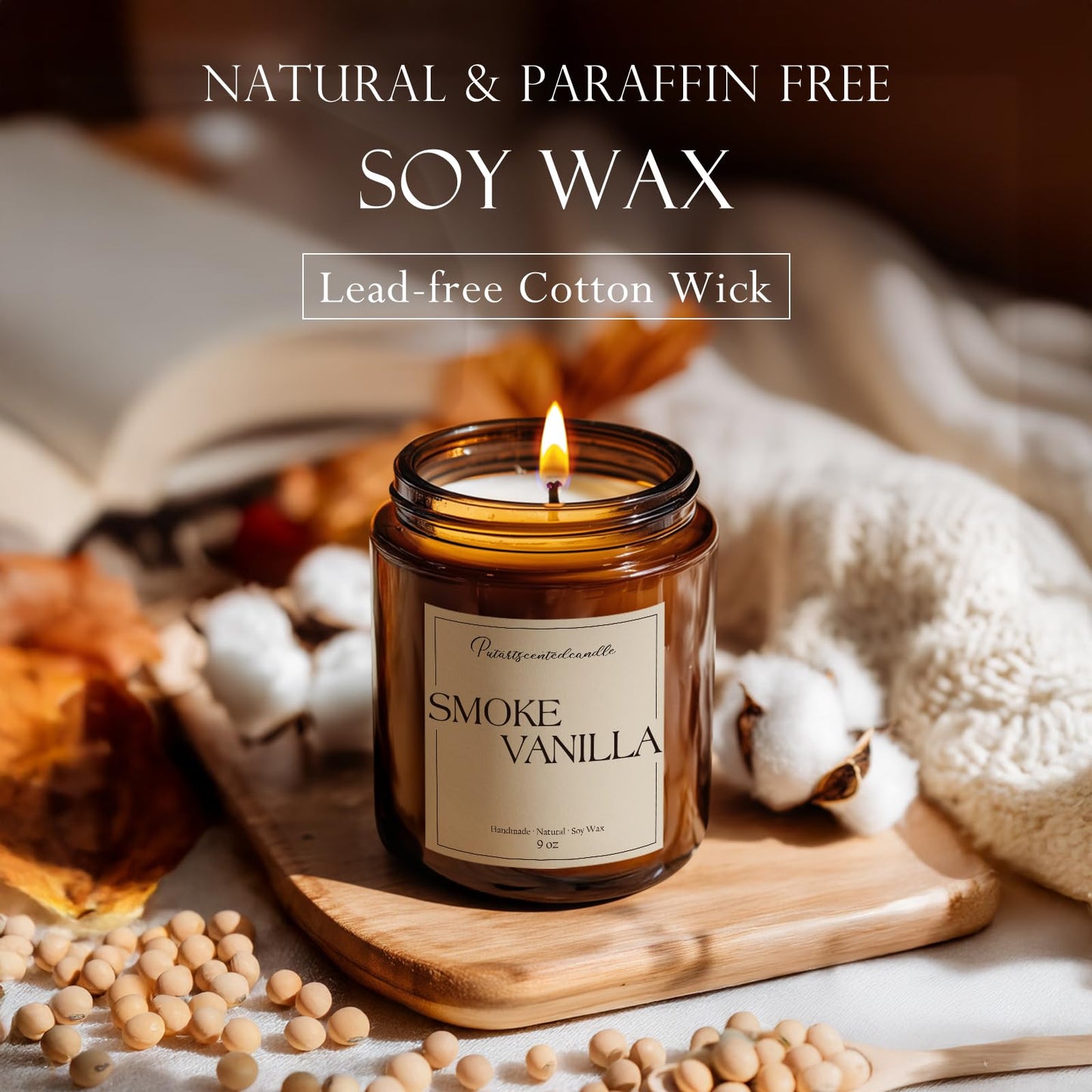 Putart Somke Vanilla Scented Candle – 9oz Natural Soy Wax, Aromatherapy & Stress Relief