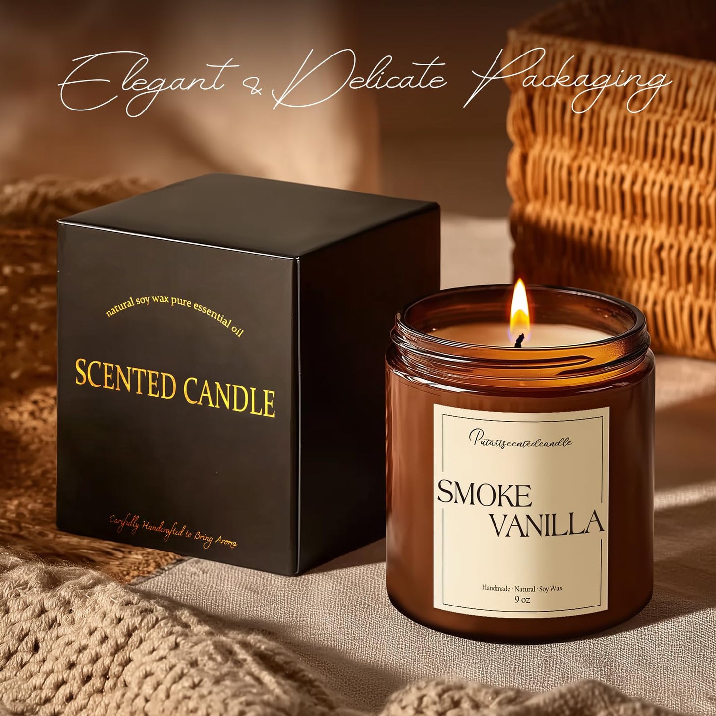 Putart Somke Vanilla Scented Candle – 9oz Natural Soy Wax, Aromatherapy & Stress Relief