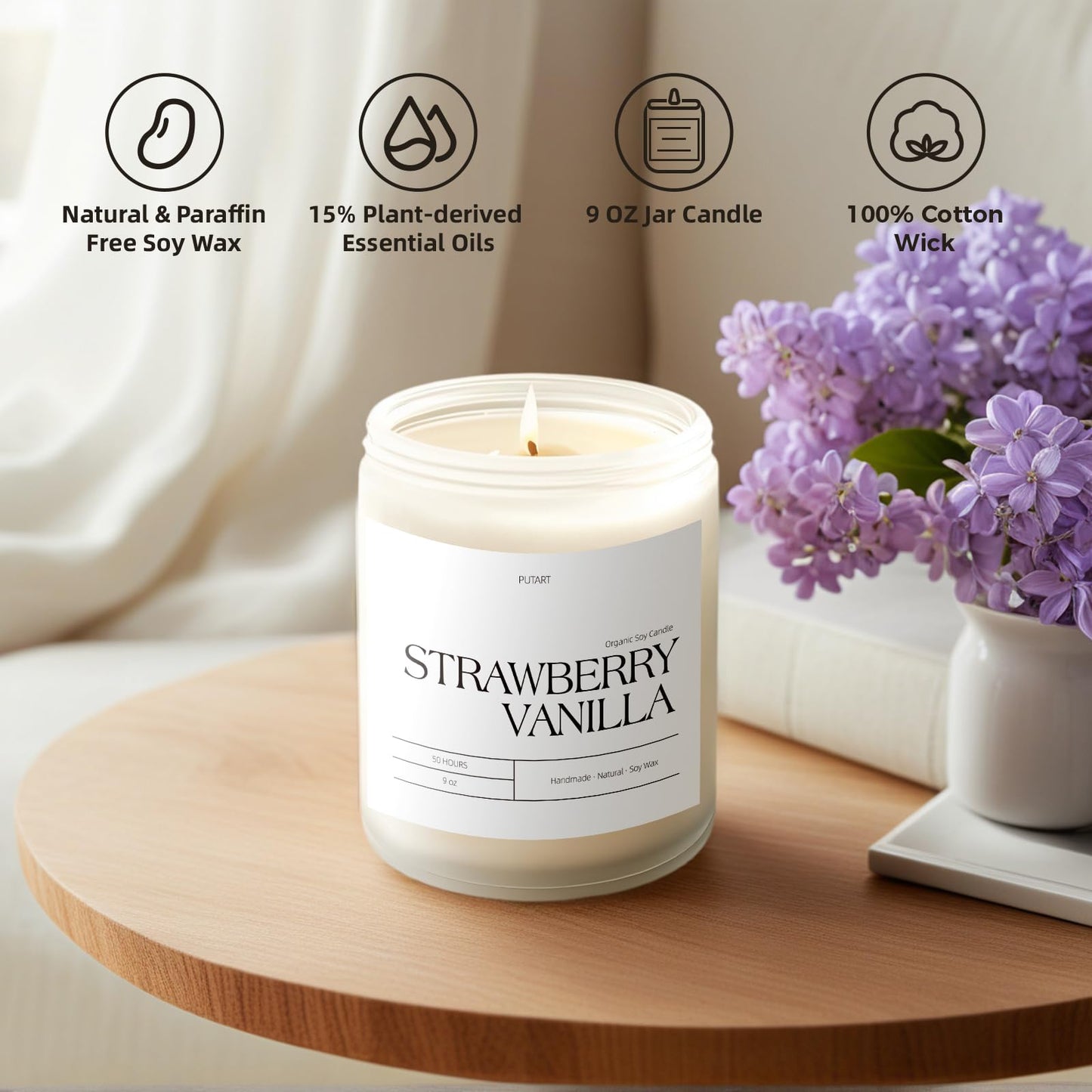 Putart Strawberry Vanilla Soy Candle – 9oz Aromatherapy, Non-Toxic