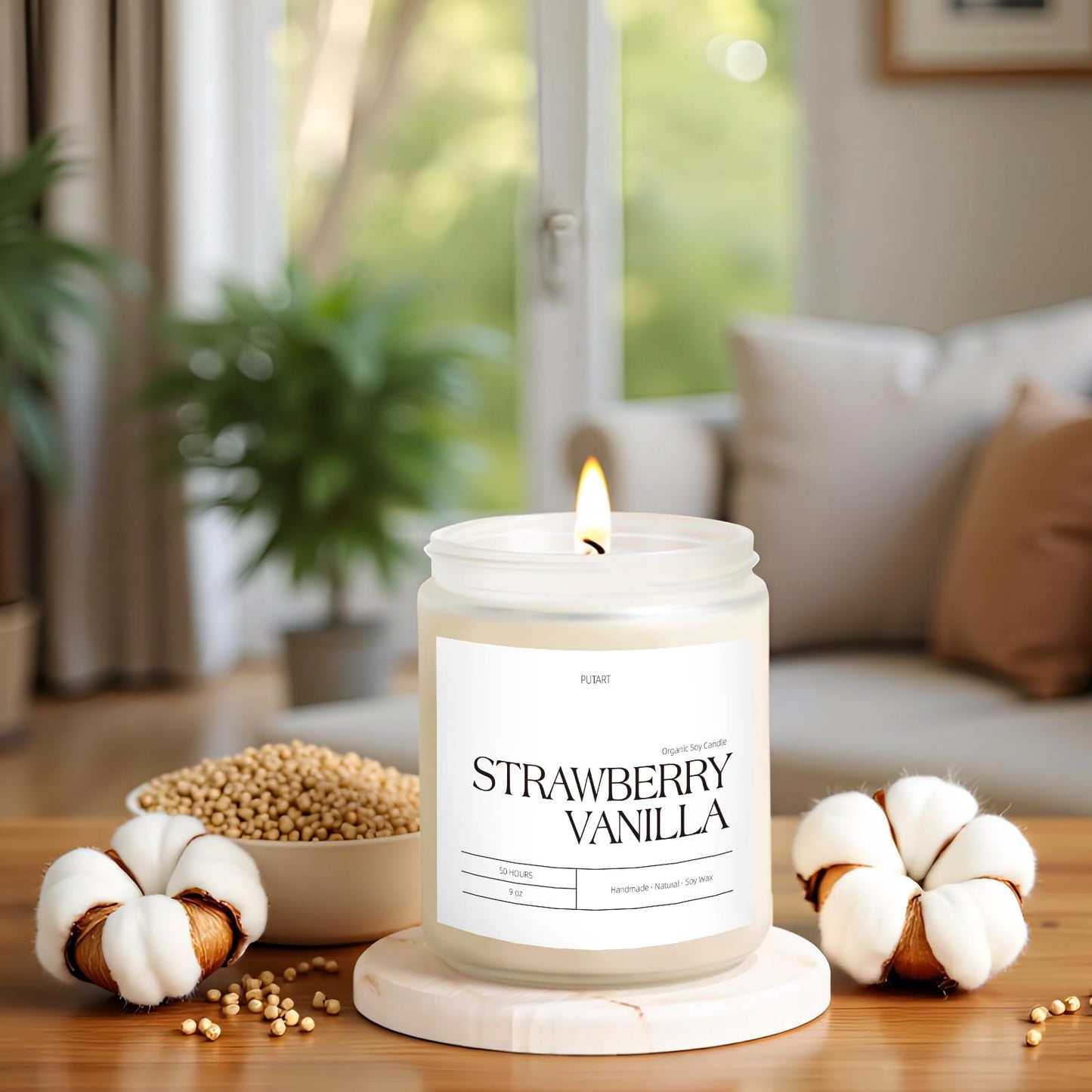 Putart Strawberry Vanilla Soy Candle – 9oz Aromatherapy, Non-Toxic