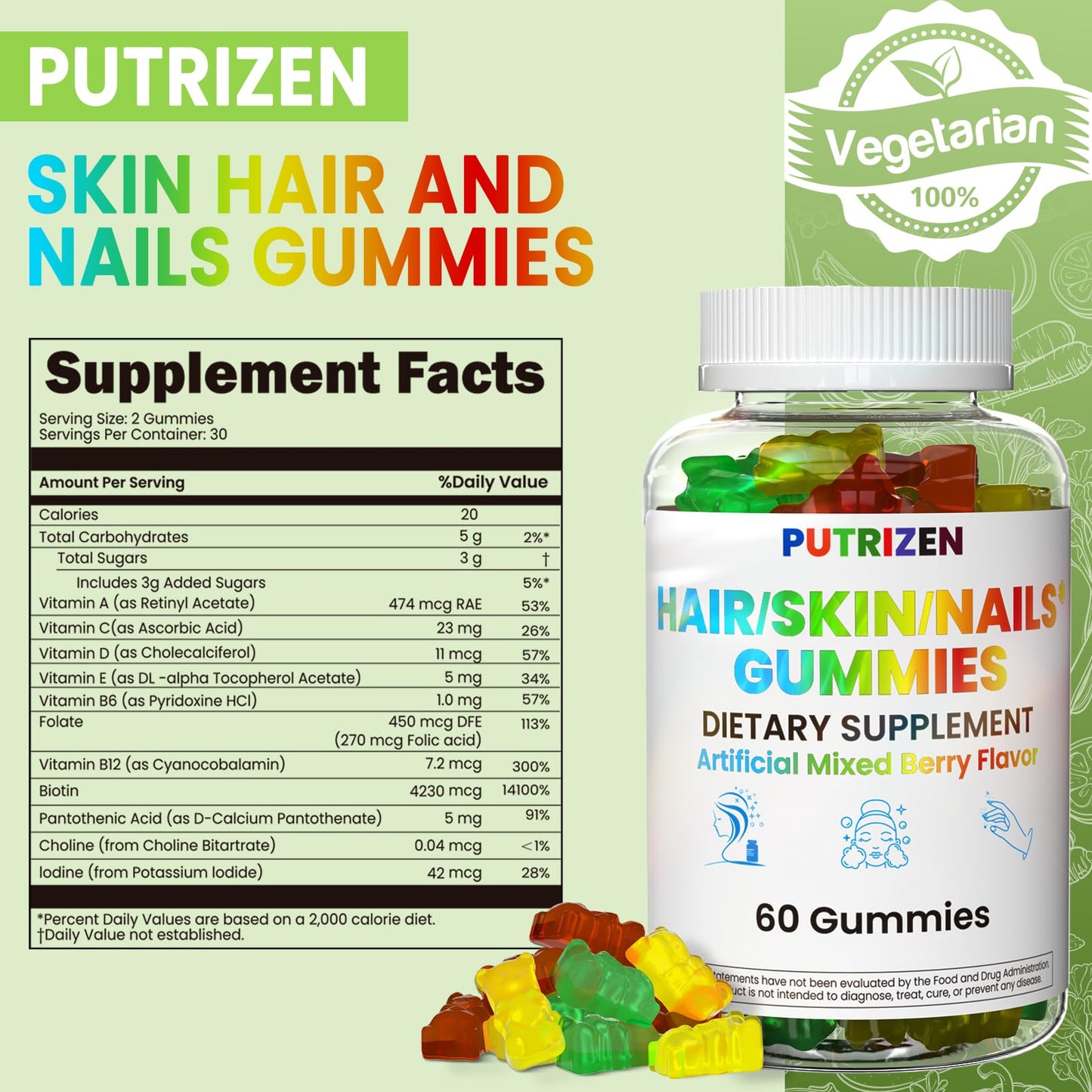 PUTRIZEN Hair Skin & Nails Gummies – 5000mcg Biotin, Vegan, Non-GMO
