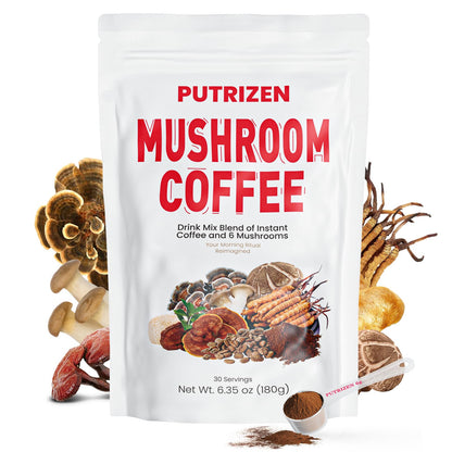 PUTRIZEN Mushroom Coffee with 6 Adaptogenic Mushrooms & MCT - 30 Servings