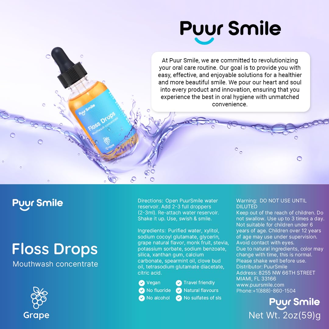 Puur Smile Floss Drop Serum – Grape Flavor Mouthwash for Water Flosser | 2oz