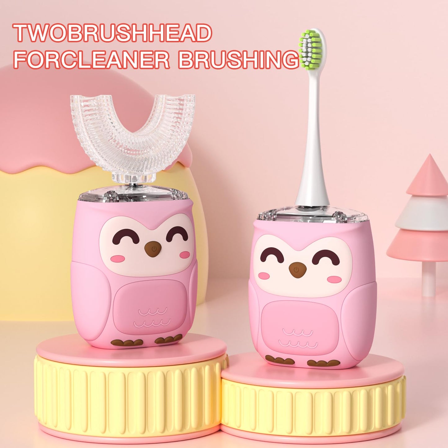 PVOGRT Kids Electric U-Shaped Toothbrush – 6 Modes, 4 U-Head, Pink