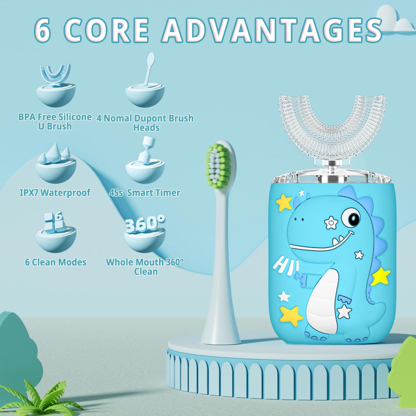 PVOGRT Kids Electric U-Shaped Toothbrush - 6 Cleaning Modes, 360° Sonic Cleaning, IPX7 Waterproof, Age 2-7, Blue