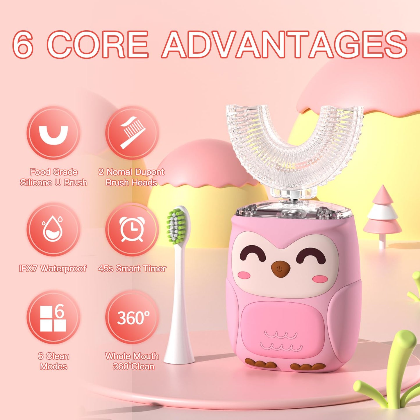 PVOGRT Kids Electric U-Shaped Toothbrush – 6 Modes, 4 U-Head, Pink