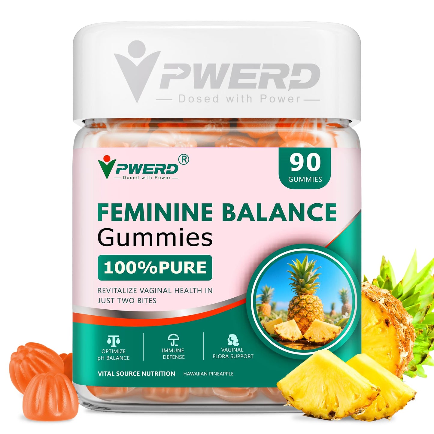 PWERD 90-Count Feminine Balance Pineapple Gummies for Women | PH-Balanced Probiotics