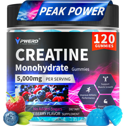 PWERD 120-Count Creatine Monohydrate Gummies 5g – Blueberry, Vegan & Sugar-Free