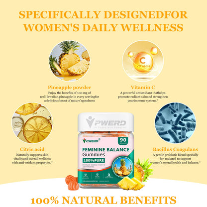 PWERD 90-Count Feminine Balance Pineapple Gummies for Women | PH-Balanced Probiotics