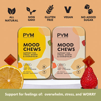 PYM Citrus Mood Chews: Stress Support with 130mg GABA & 90mg L-Theanine | Vegan, Non-GMO, Gluten-Free | 20 Count