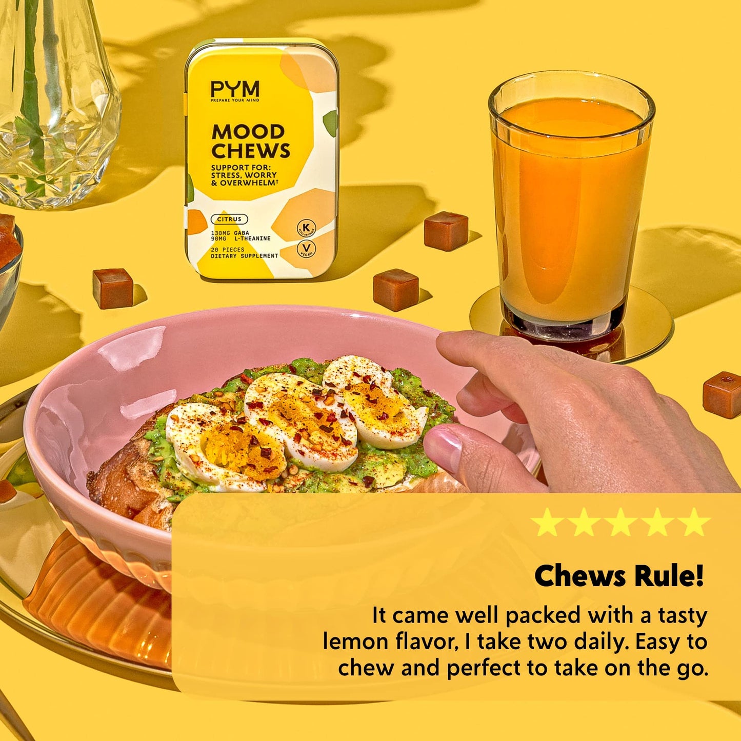 PYM Citrus Mood Chews: Stress Support with 130mg GABA & 90mg L-Theanine | Vegan, Non-GMO, Gluten-Free | 20 Count