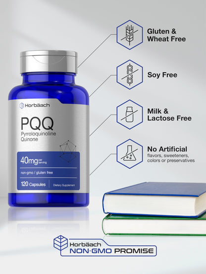 Horbäach PQQ Supplement 40 mg – 120 Capsules | Non-GMO & Gluten Free | Pyrroloquinoline Quinone Disodium Salt