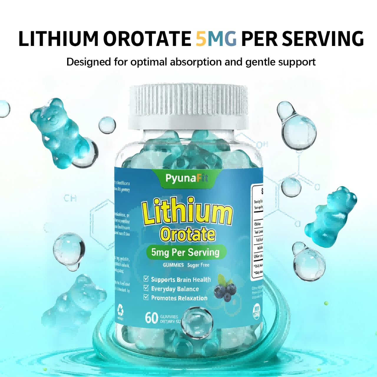 PYUNAFIT Lithium Orotate 5mg Gummies – Sugar Free, Brain Health & Cognitive Support | 60 Count