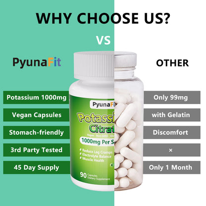 PYUNAFIT Potassium 1000mg – High Potassium Citrate for Leg Cramps, Muscle & Heart Health, 90 Capsules