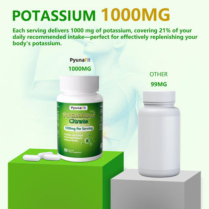 PYUNAFIT Potassium 1000mg – High Potassium Citrate for Leg Cramps, Muscle & Heart Health, 90 Capsules