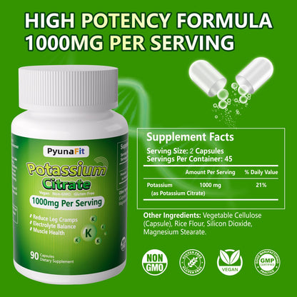 PYUNAFIT Potassium 1000mg – High Potassium Citrate for Leg Cramps, Muscle & Heart Health, 90 Capsules