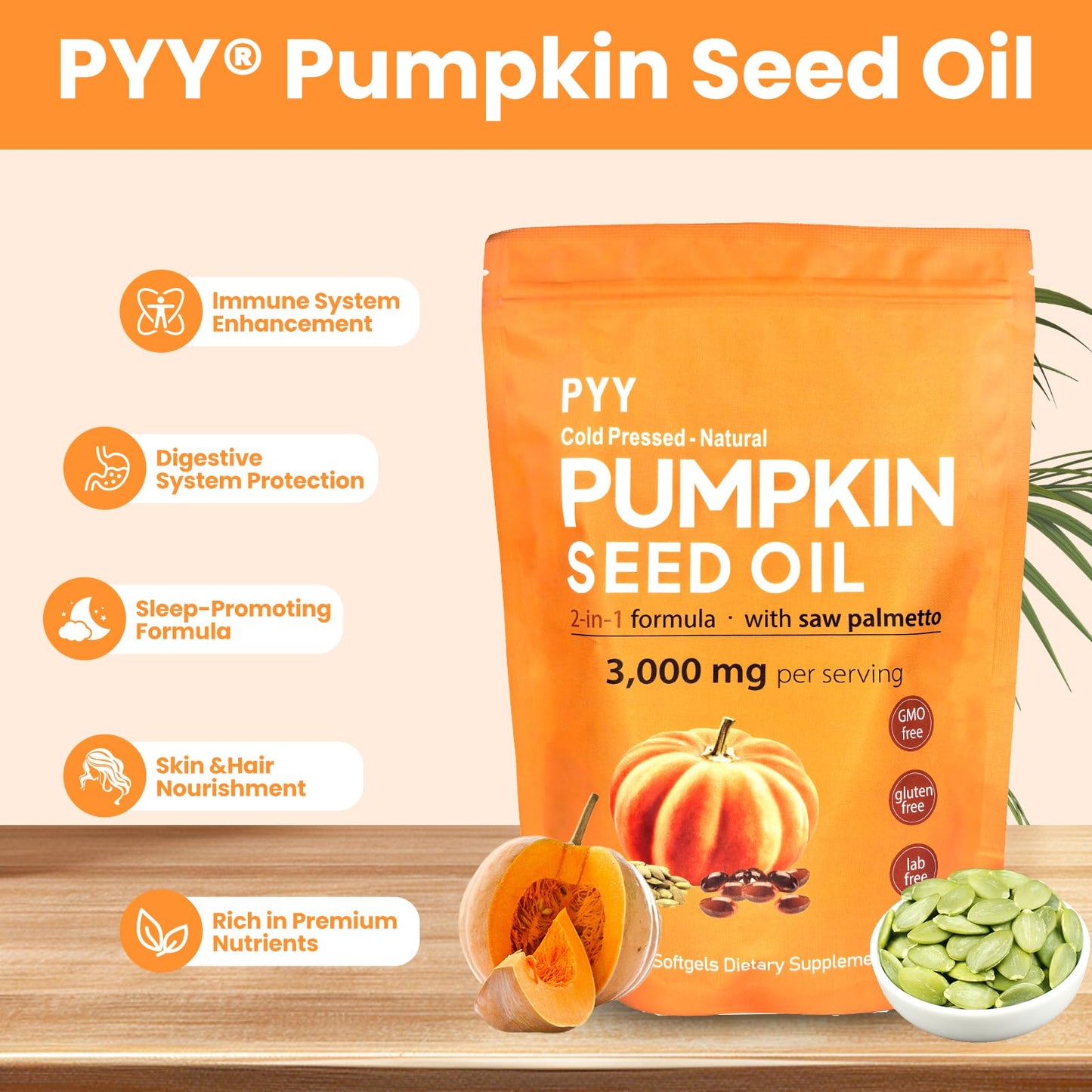 PYY Cold-Pressed Pumpkin Seed Oil & Saw Palmetto Softgels | 300 Counts | Rich in Essential Fatty Acids & Phytosterols | Promotes Healthy Hair, Urinary Function, Bladder & Prostate Support