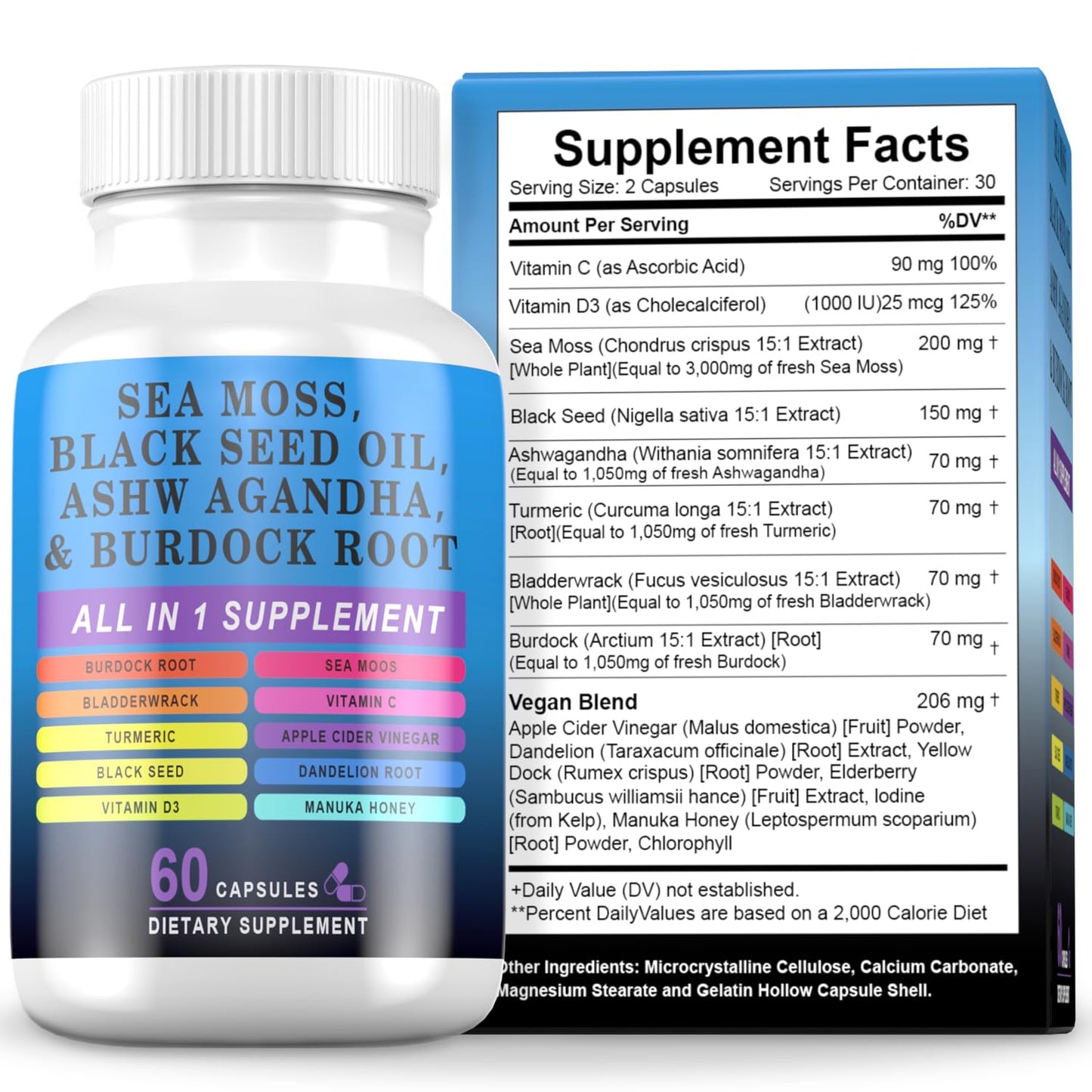 Pyzor Sea Moss 60 Capsules - Black Seed Oil, Ashwagandha & Turmeric