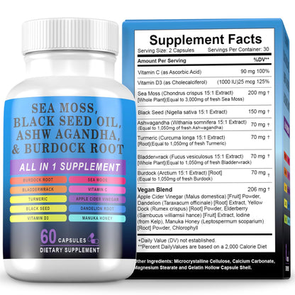Pyzor Sea Moss 60 Capsules - Black Seed Oil, Ashwagandha & Turmeric