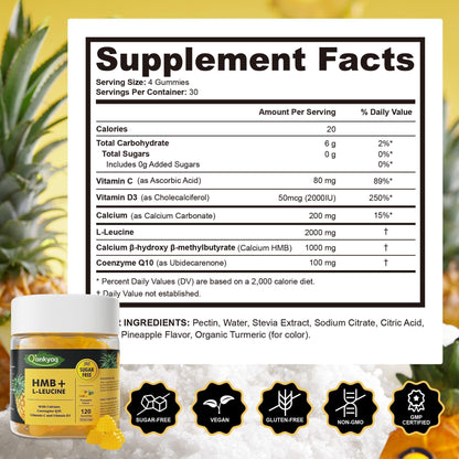 Q'ankyaq 3000mg HMB Gummies – Muscle Growth & Recovery, Vitamin D3, Sugar Free, 120 Counts