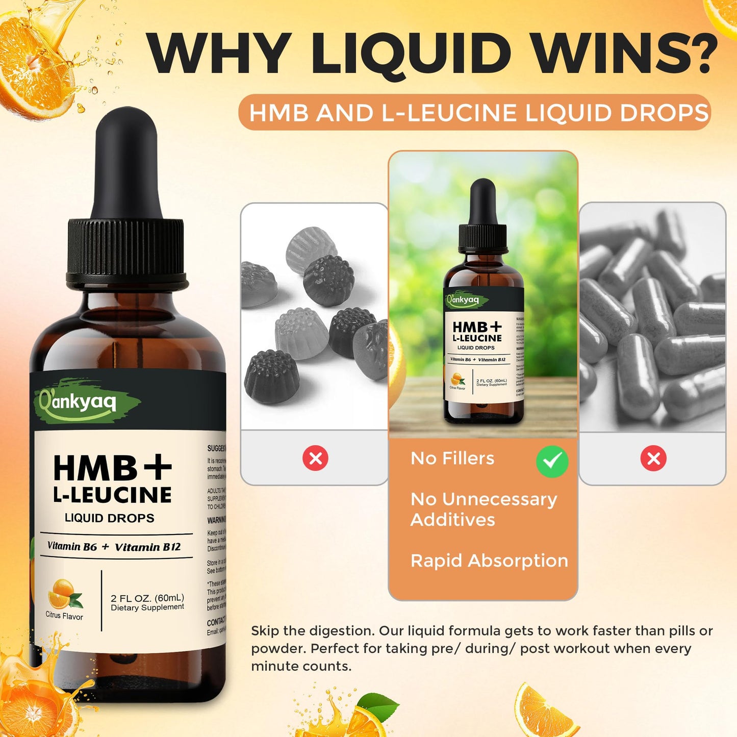 Q'ankyaq Leucine HMB Liquid Drops – Sugar Free, Vegan, 2 Fl Oz | L-Leucine HMB for Muscle Support & Recovery