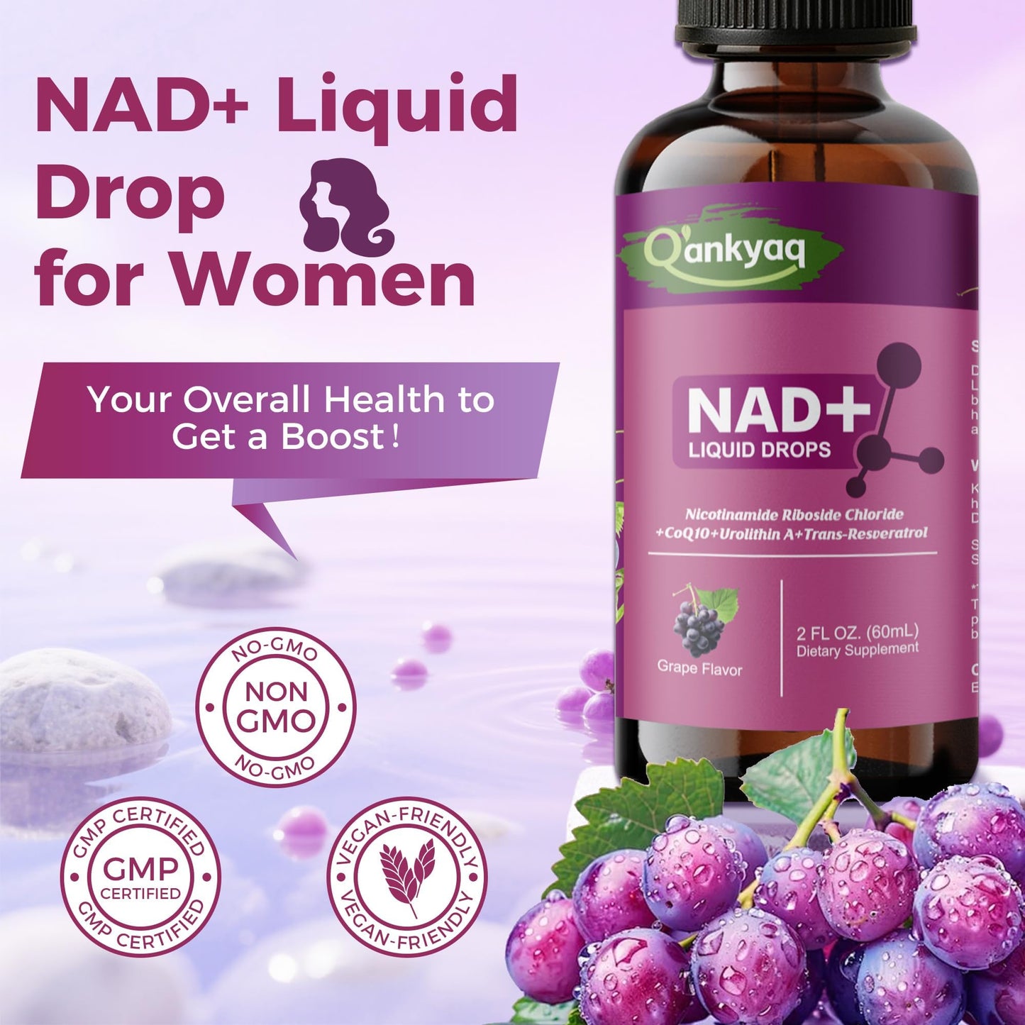 Q'ankyaq NAD+ Plus Liquid for Women – NAD 1000mg Drops with NR & Trans-Resveratrol