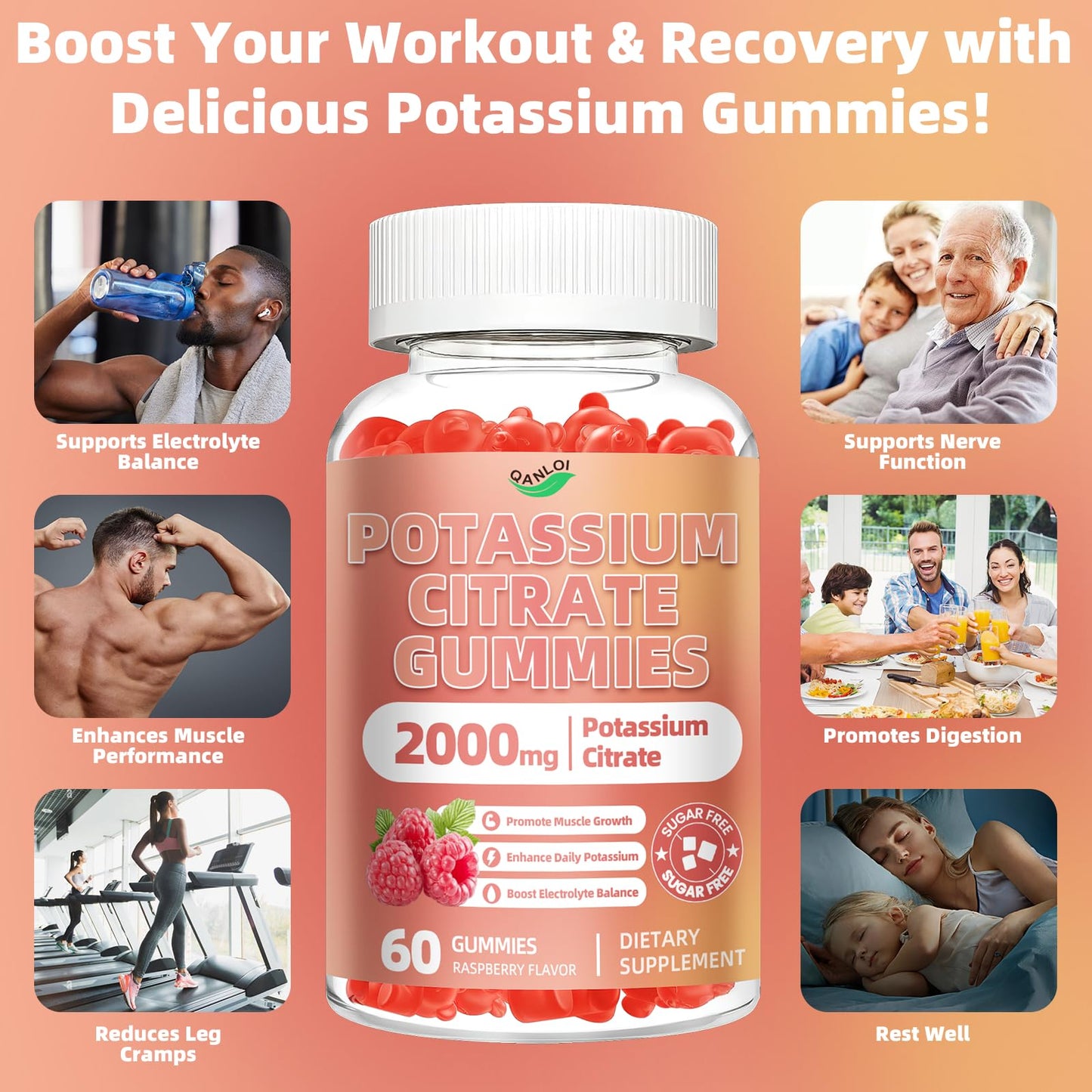 QANLOI Potassium Citrate 2000mg Gummies for Adults – Raspberry Flavor (60 Count)