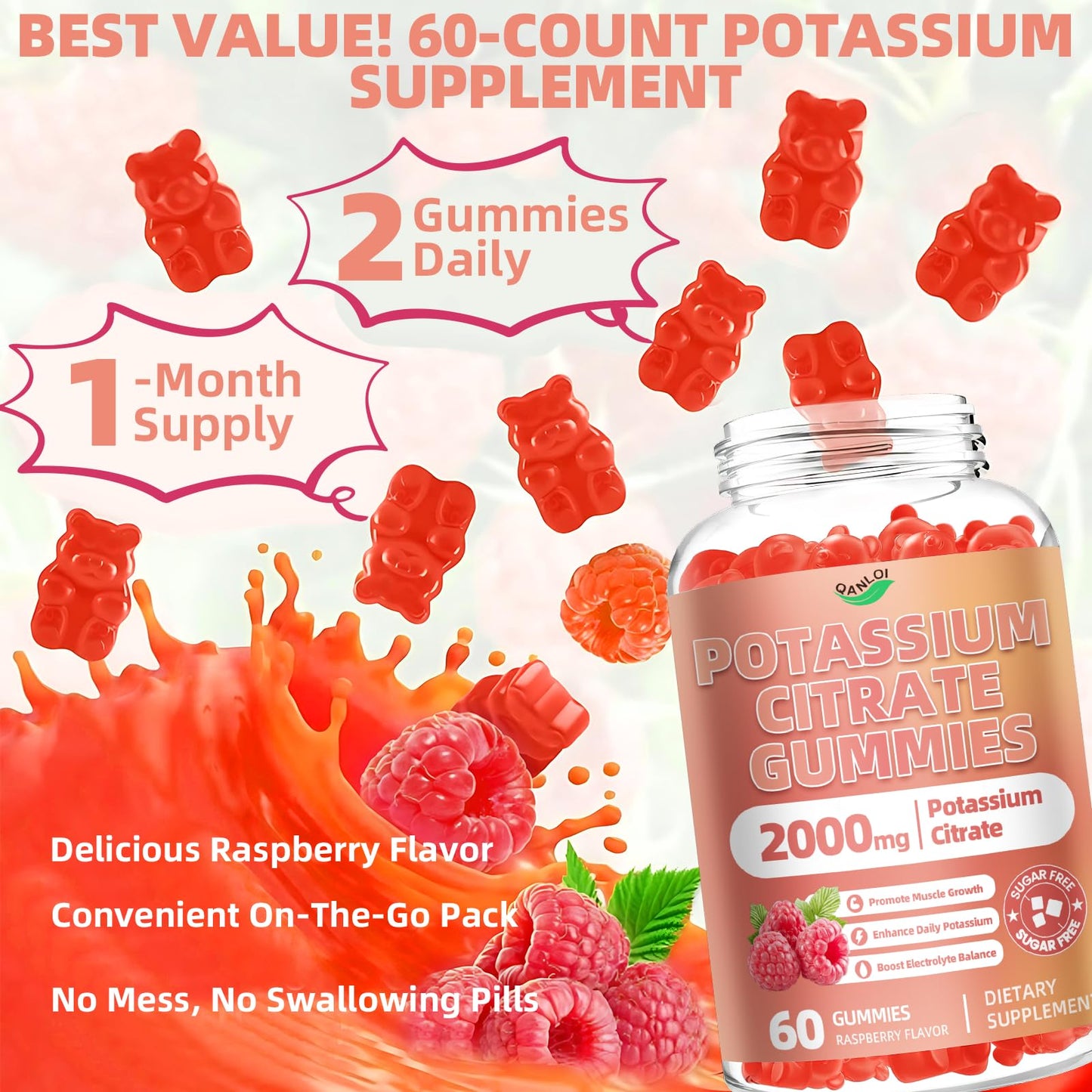 QANLOI Potassium Citrate 2000mg Gummies for Adults – Raspberry Flavor (60 Count)