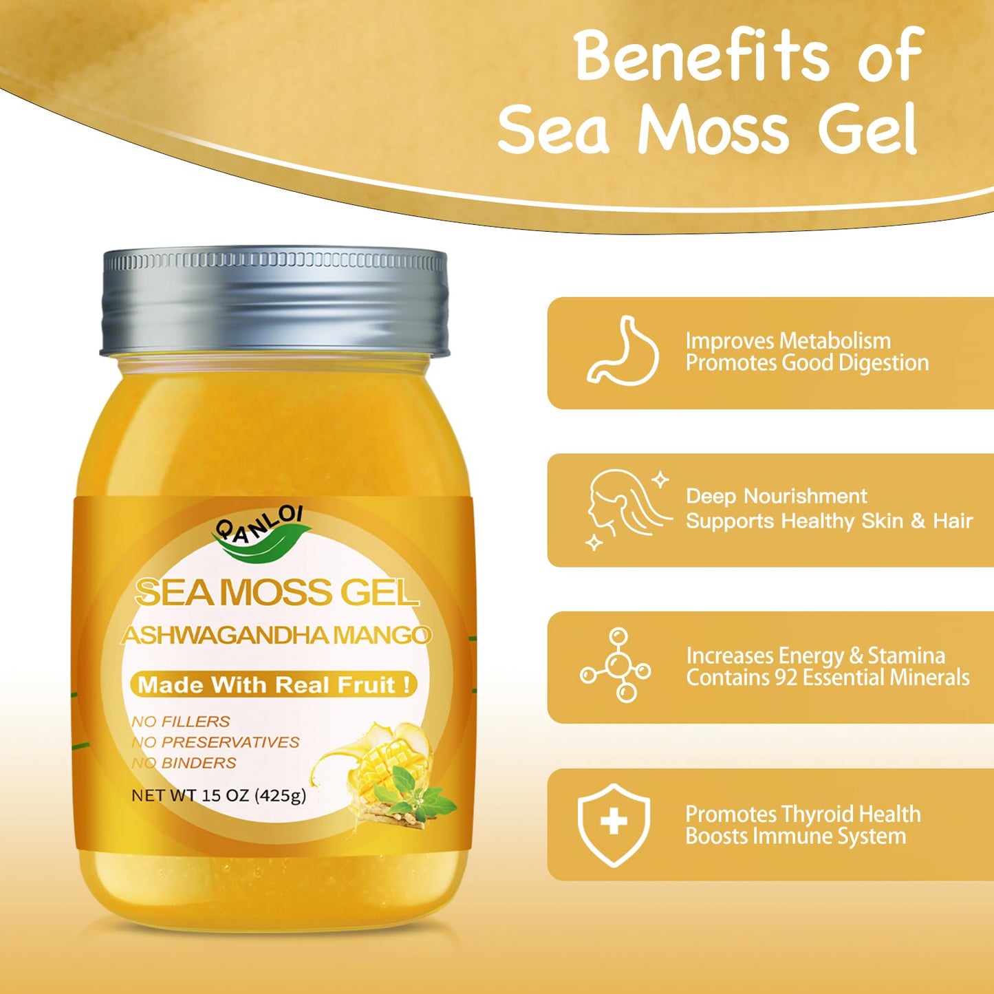 QANLOI Seamoss Gel with Irish Sea Moss - Immune Support, Ashwagandha Mango, 15oz
