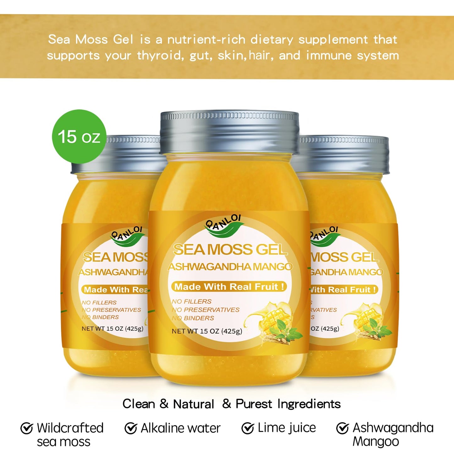QANLOI Seamoss Gel with Irish Sea Moss - Immune Support, Ashwagandha Mango, 15oz