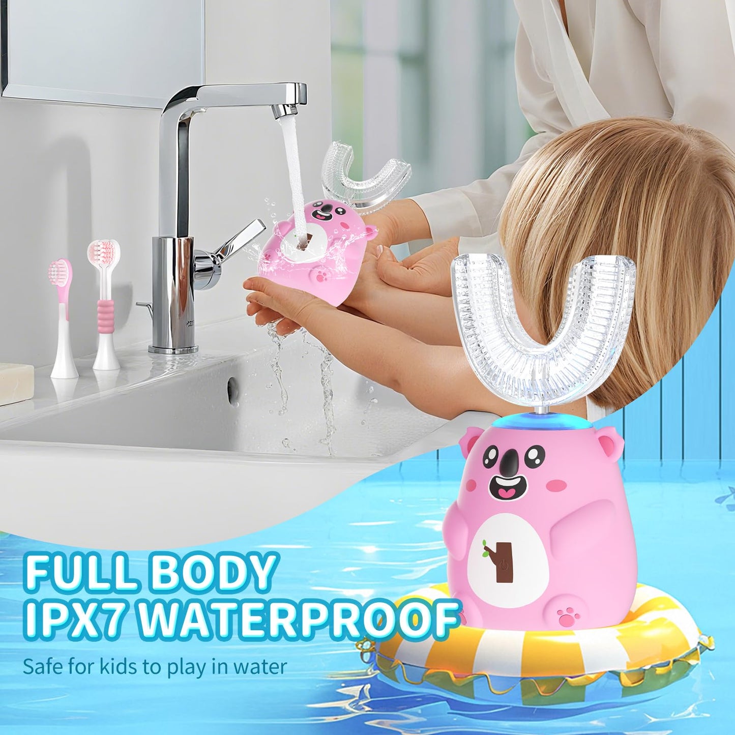 QDCYP Kids U-Shaped Electric Toothbrush – 360° Cleaning, 6 Modes, Ages 2-6 (Pink)