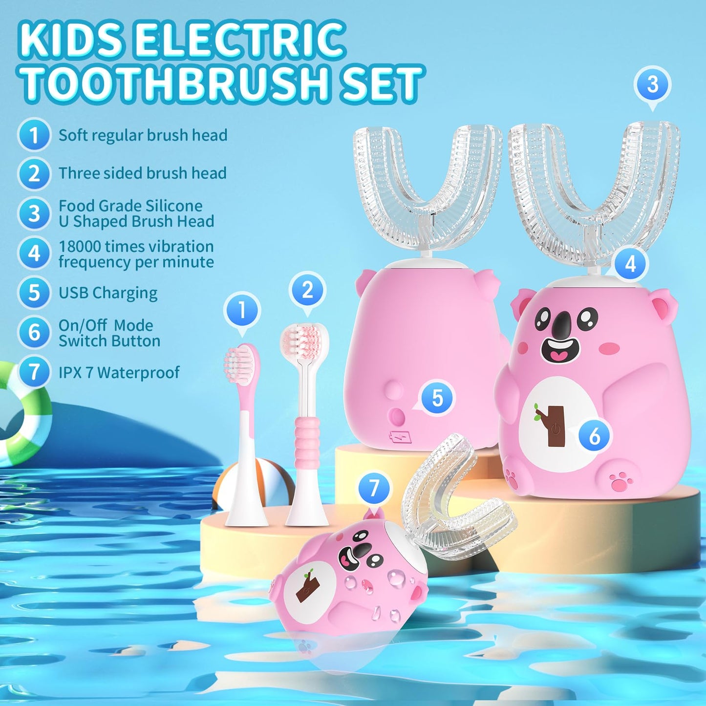 QDCYP Kids U-Shaped Electric Toothbrush – 360° Cleaning, 6 Modes, Ages 2-6 (Pink)