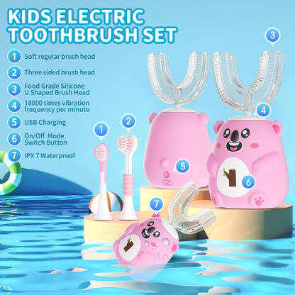 QDCYP Kids U-Shaped Electric Toothbrush – 360° Cleaning, 6 Modes, Ages 2-6 (Pink)
