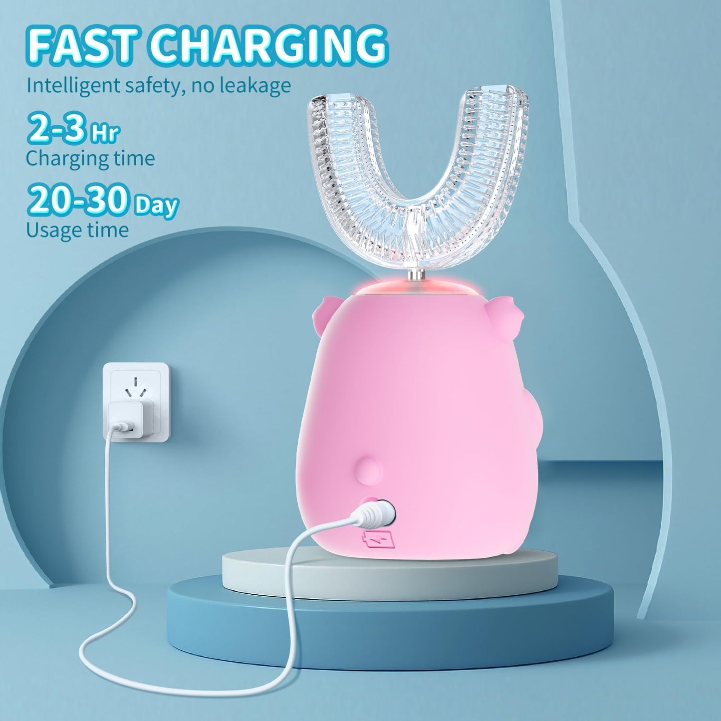 QDCYP Kids U-Shaped Electric Toothbrush – 360° Cleaning, 6 Modes, Ages 2-6 (Pink)