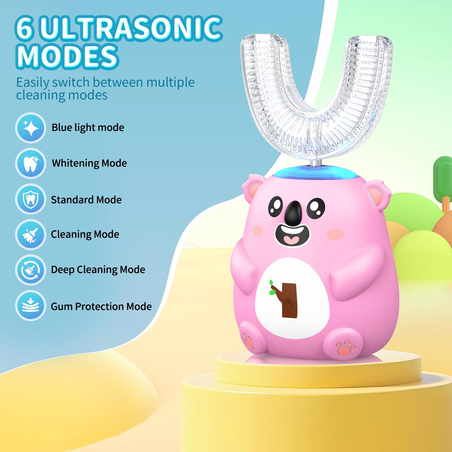 QDCYP Kids U-Shaped Electric Toothbrush (6-12) – 360° Sonic Cleaning, 6 Modes, 4 Heads, Koala Pink