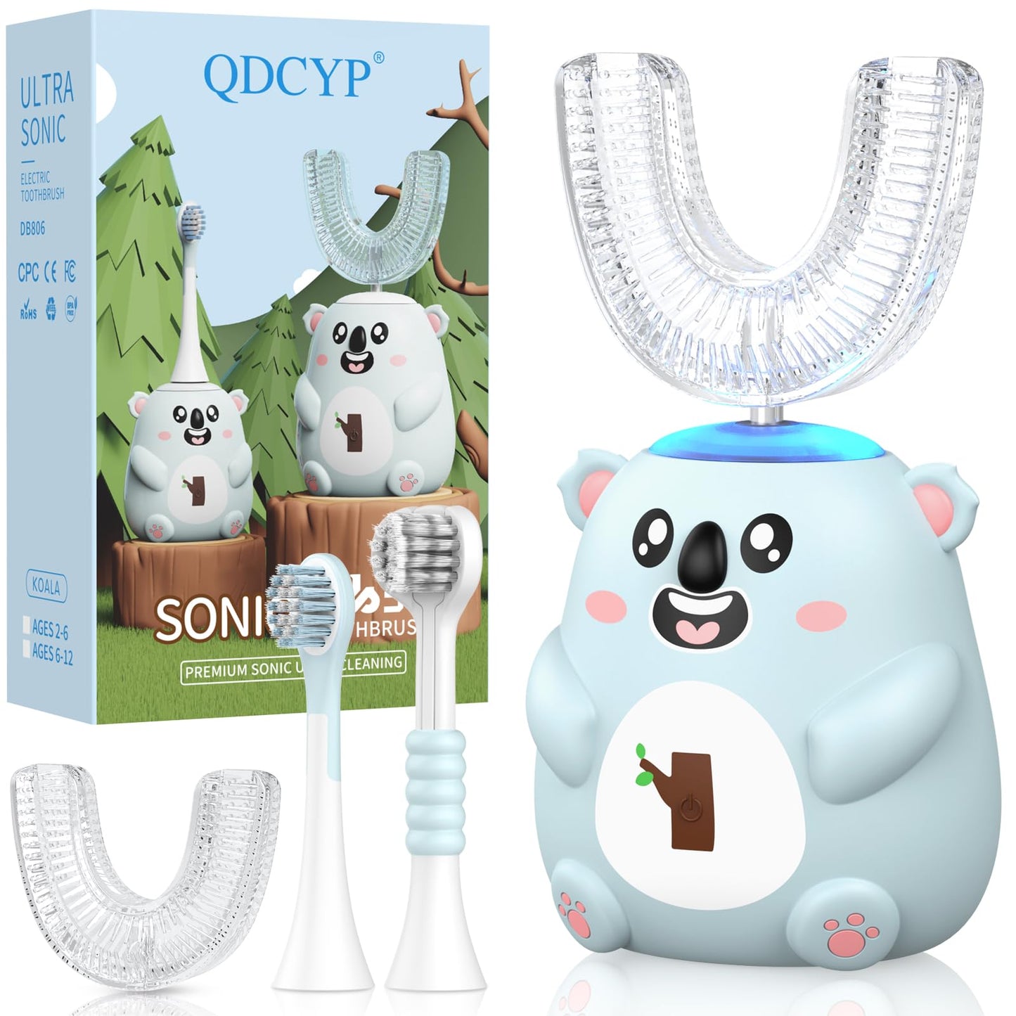 QDCYP Kids U-Shaped Electric Toothbrush | 6 Modes, 4 Brush Heads, Koala Design (Ages 2-6)