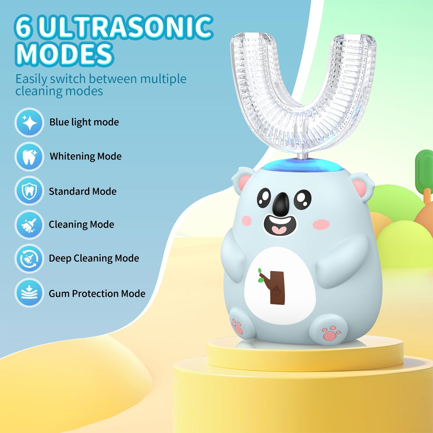 QDCYP Kids U-Shaped Electric Toothbrush – 360° Sonic Cleaning, 6 Modes, 4 Brush Heads, Koala Design (Ages 6-12, Grey Blue)