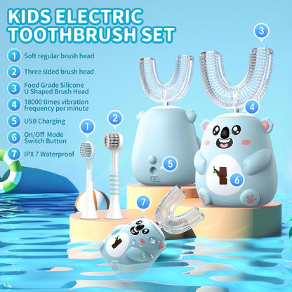 QDCYP Kids U-Shaped Electric Toothbrush – 360° Sonic Cleaning, 6 Modes, 4 Brush Heads, Koala Design (Ages 6-12, Grey Blue)