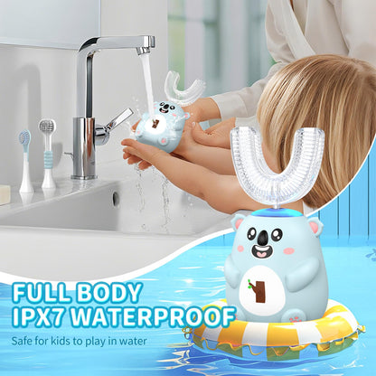 QDCYP Kids U-Shaped Electric Toothbrush – 360° Sonic Cleaning, 6 Modes, 4 Brush Heads, Koala Design (Ages 6-12, Grey Blue)