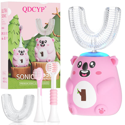 QDCYP Kids U-Shaped Electric Toothbrush (6-12) – 360° Sonic Cleaning, 6 Modes, 4 Heads, Koala Pink