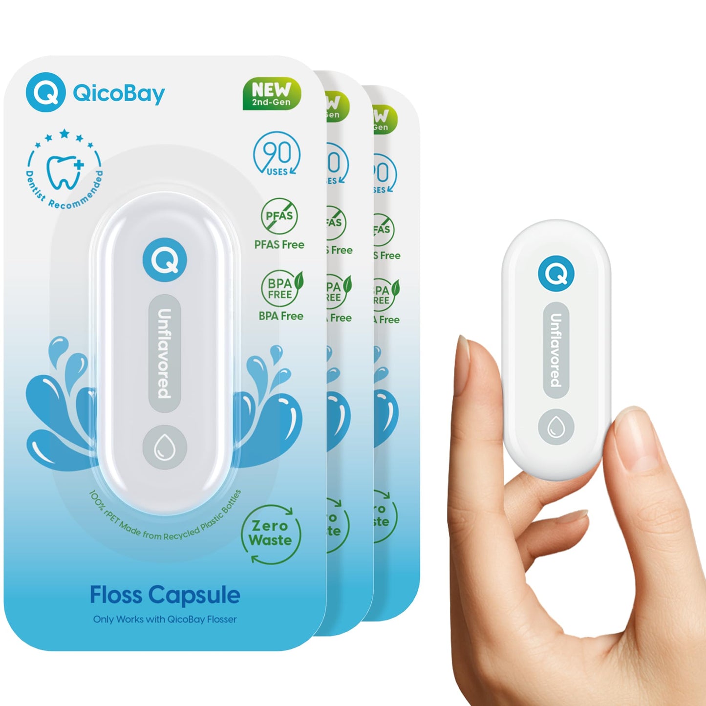 QicoBay Refill Floss Capsule for C1S Flosser – 90 Uses, PFAS-Free, Zero Waste (Unflavored) 3-Pack