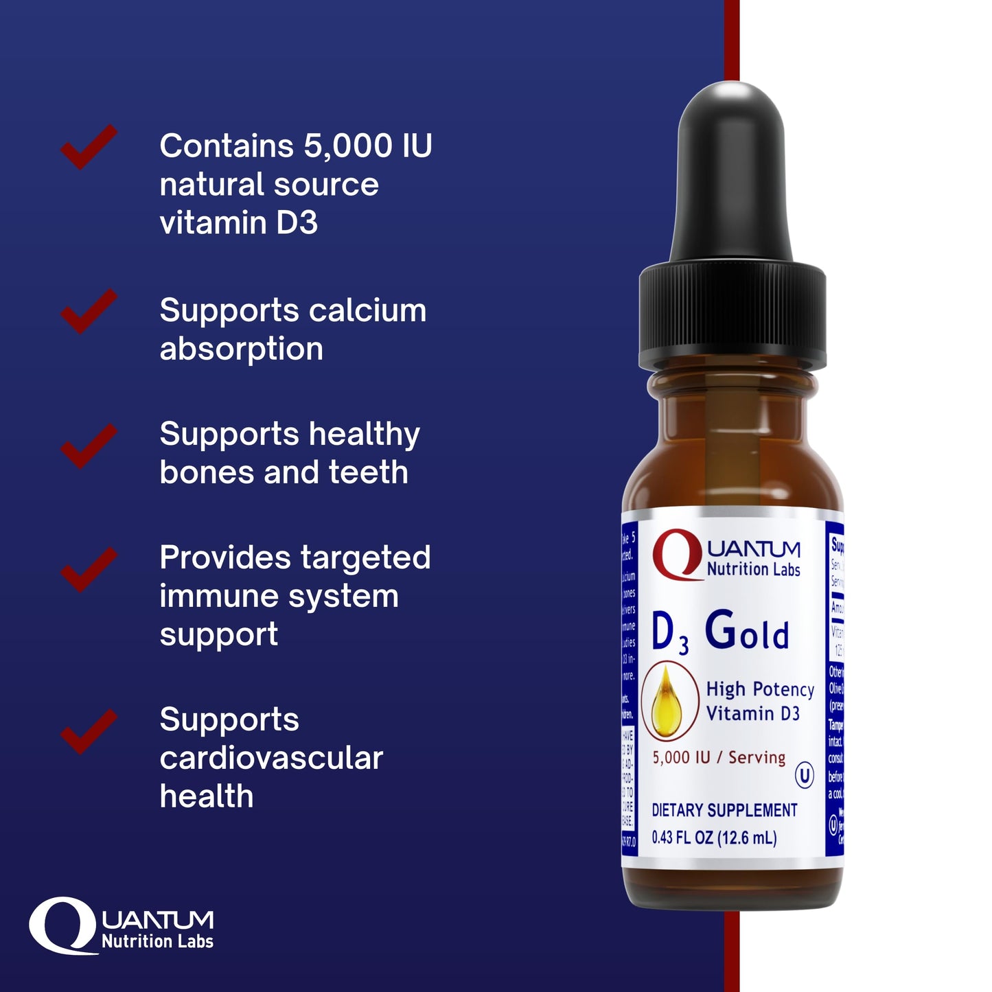 QNL D3 Gold Vitamin D Liquid Drops – Bone Strength, Immune & Cardiovascular Support | 0.43 fl oz