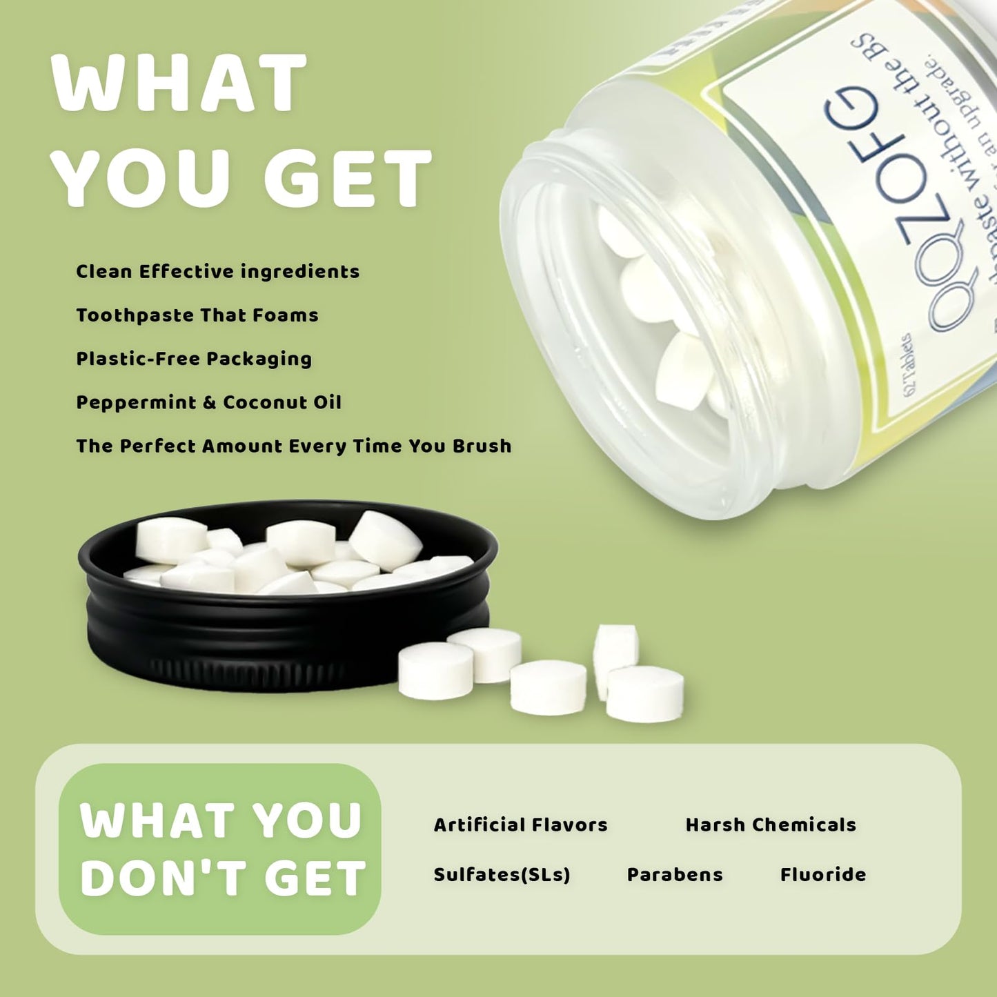 QQZOFG Toothpaste Tablets - Fluoride-Free Nano Hydroxyapatite (NHA), Peppermint, 62 Tablets