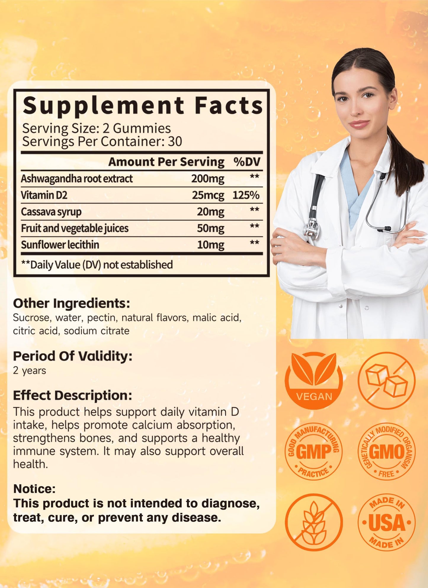 QRFWTX Vitamin D2 Gummies 1000 IU – Vegan, Ashwagandha, Plant-Based D2, Gluten Free, Non-GMO, 60 Count (Orange)