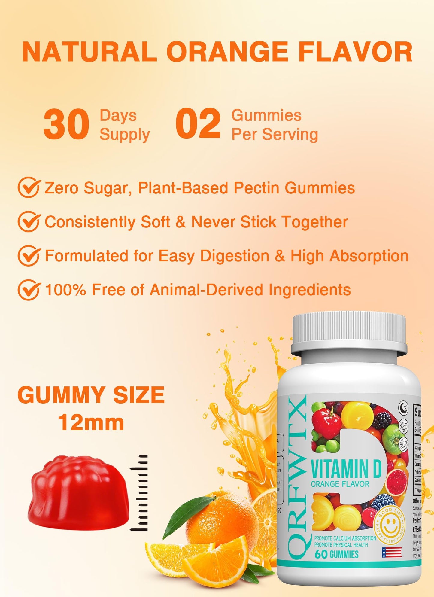 QRFWTX Vitamin D2 Gummies 1000 IU – Vegan, Ashwagandha, Plant-Based D2, Gluten Free, Non-GMO, 60 Count (Orange)