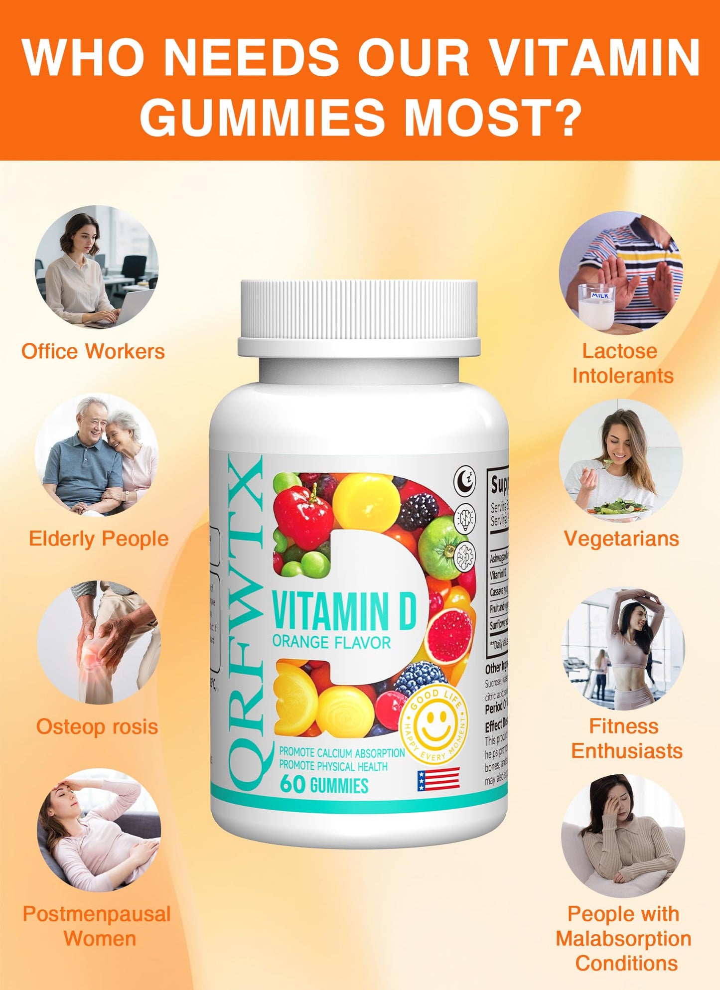 QRFWTX Vitamin D2 Gummies 1000 IU – Vegan, Ashwagandha, Plant-Based D2, Gluten Free, Non-GMO, 60 Count (Orange)