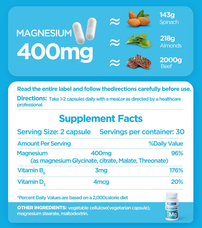 Quadruple Magnesium 400mg – Glycinate, L-Threonate, Citrate & Malate + D3 & B6 | 60 Vegan Caps