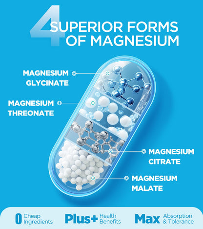 Quadruple Magnesium 400mg – Glycinate, L-Threonate, Citrate & Malate + D3 & B6 | 60 Vegan Caps