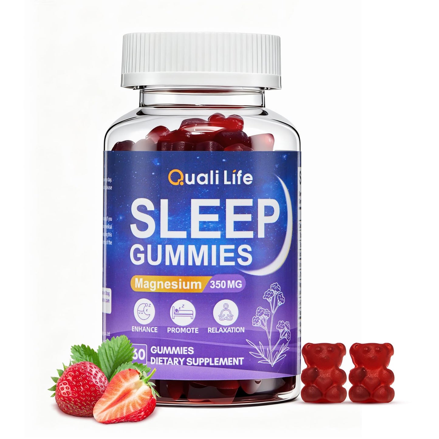 QualiLife Melatonin-Free Sleep Gummies for Adults – Magnesium, Valerian & 5-HTP | Sugar-Free Strawberry