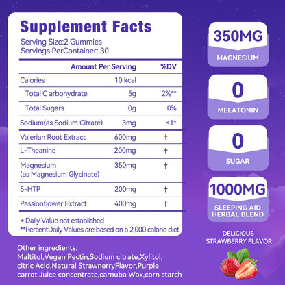 QualiLife Melatonin-Free Sleep Gummies for Adults – Magnesium, Valerian & 5-HTP | Sugar-Free Strawberry